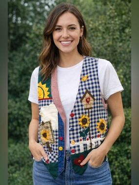 Vintage Garden Sunflowers Vest Floral Teacher cottagecore grandma nature boho